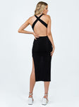 Midi dress Fixed crossover straps Scooped neckline Low back Leg slit Good stretch