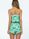 Green strapless romper Floral print  Sheer material  Elasticated bust & waist  Tie detail at waist 