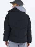 Black puffer jacket High neck Zip front fastening Twin zip front pockets Ribbed cuffs