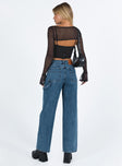 Jeans Dark wash denim High rise Belt looped waist Zip and button fastening Four pocket design Branded patch at back Straight leg