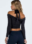 Black long sleeve top Off the shoulder design Halter neck tie fastening Scooped neckline Good stretch Fully lined