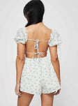 Floral print playsuit Puff sleeve, square neckline, ruched bust, elasticated waistband, twin tie fastening at back