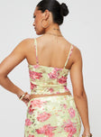 Floral print crop top Scooped neckline, adjustable shoulder straps Good stretch, unlined, sheer