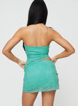 Matching lace set Strapless top, elasticated band at bust, asymmetric hem Low rise mini skirt