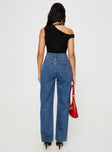 High rise jean, mid-wash denim Relaxed leg, five pocket designs, belt looped waist, button & zip front fastening 