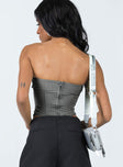 Corset top Pinstripe print Inner silicone strip at bust Ruched bust Invisible zip fastening at back Boning through front