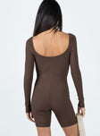 Long sleeve romper Ribbed material Open neckline Slight ruching at bust