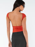 Backless top, slim fitting, high neckline Good stretch, unlined