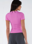 Slim fitting top, high neckline Good stretch, unlined 