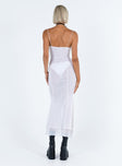 White maxi dress Sheer mesh material Elasticated shoulder straps Cowl neckline Layered soft pleat hem Good stretch Mesh lined