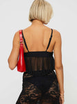 Mesh crop top Adjustable shoulder straps, v-neckline, pace trim, pleats under bust Good stretch, lined bust