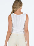 White top Sheer knit material Scoop neck Double tie fastening at front Good Stretch Unlined 