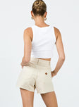 Denim shorts High waisted  Zip & button fastening  Classic five-pocket design  Belt looped waist  Ripped legs  Raw edge hem 