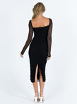 Black long sleeve midi dress Mesh material Sheer sleeves Elasticated shoulders Fixed ruching down sides Invisible zip fastening at back Slit at back Good stretch Fully lined