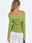 Green sweater Ribbed knit material Off the shoulder design Folded neckline Good stretch Unlined 