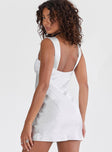 White mini dress Silky material Fixed shoulder straps Square neckline Invisible zip fastening at side