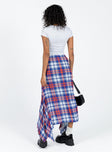 Maxi skirt Plaid print Handkerchief style skirt Invisible zip fastening at side Slight stretch Unlined  