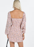 Long sleeve mini dress Floral print Baloon style sleeves Ruched bust Invisible zip fastening at back