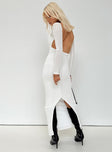 White long sleeve maxi dress High neck Low back Slit at back Good stretch Partially lined