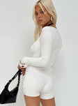 White long sleeve romper Ribbed knit material Sweetheart neckline Good stretch