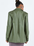 Green blazer Faux leather Twin front pockets Padded shoulders Fully lined 