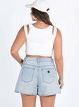 Denim shorts Light wash denim Belt looped waist  Button and zip fastening Five pocket design