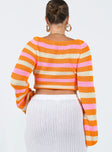 Long sleeve knit top Knit material Striped design Wide square neckline Flared sleeve