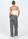 Grey parachute pants Elasticated waistband Twin hip pockets Faux back pockets Drawstring cuffs