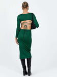 Long sleeve midi dress Ribbed material Square neckline Lace up fastening at back Low back Leg slit  Good stretch Unlined 