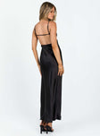 Black maxi dress Silky material Adjustable shoulder straps V-neckline Invisible zip fastening at side Low back Front slit