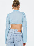 Blue long sleeve crop top Open front Tie fastening Elasticated sleeve detail Adjustable coverage Frill detail