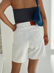 Denim shorts White denim High rise Belt looped waist Zip and button fastening Classic five pocket detail