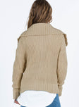 Beige sweater Knit material Oversized collar Zip fastening at front Good stretch Unlined 