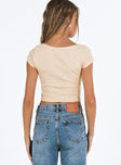 Crop top Scooped neckline Pinched detail at bust Good stretch Unlined