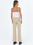 Beige pants Corduroy material Belt looped waist Zip and button fastening Classic five-pocket design Embroidered design at back Straight leg