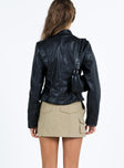 Jacket Faux leather material High neckline Zip fastening at front Faux chest pockets Twin hip pockets Zip cuff