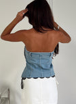 Strapless denim top Belt loop detail, button fastening at side, split raw edge hem Non-stretch material, unlined 