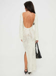 Long sleeve maxi dress Wide neckline, low back, flared sleeves, high leg slit Good stretch, unlined, sheer