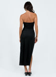 Strapless maxi dress Inner silicone strip at bust Cut out at front Knot detail High leg slit