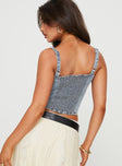 Denim top Sweetheart neckline, contrast stitching, shirred back Adjustable straps, button fastening at front 