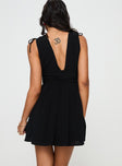 Black Mini dress Relaxed fit, fixed shoulder straps with tie detail, plunging neckline, invisible zip fastening, ruched waistband