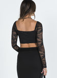 Long sleeve top Sheer lace material Square neckline Hook and eye fastening at front