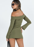 Long sleeve mini dress Folded neckline Off-the-shoulder design Good stretch Lined body