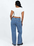 Jeans Low rise Dark wash denim Belt looped waist Zip & button fastening Classic five-pocket design Wide leg