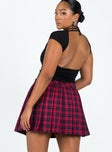  Red mini skirt Plaid print Invisible zip fastening at side Pleated design