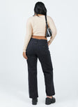 Jeans Black denim Belt looped waist Classic five-pocket design Zip & button fastening Low-rise Wide leg