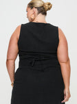 Black Linen vest top V-neckline, button closure, tie detail at back