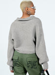 Grey cropped sweater Soft knit material V neckline Oversized collar Balloon style sleeves Drop shoulder