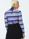 Long sleeve top Striped print Sheer mesh material High neck Adjustable tie fastening at side