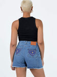 Denim shorts Mid-wash denim Belt looped waist Front button & zip fastening  Four pocket design Gold & silver-toned embellishments on back pockets Raw cut hem